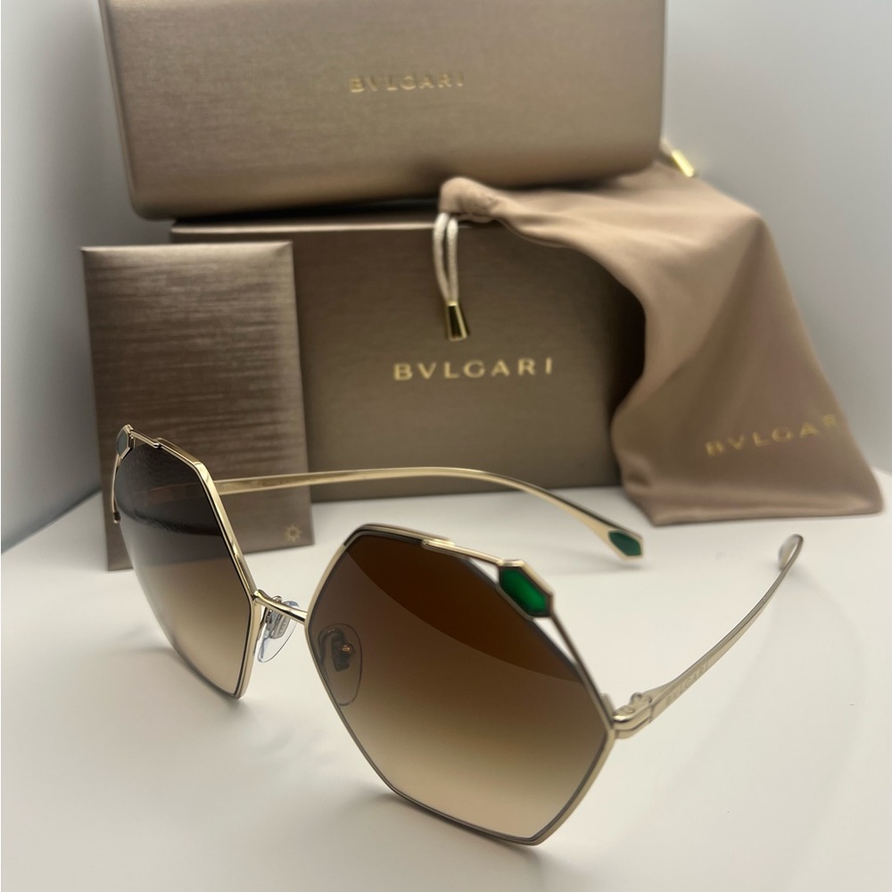 Bulgari Women's Gold Sunglasses with Green Accents